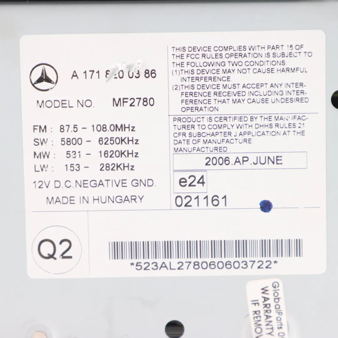 Radio Odtwarzacz CD Stereo do Mercedes SLK R171 o numerze A1718200386 Mercedes SLK R171 Radio Odtwarzacz CD Stereo - SKU A1718200386-1 - Numer Części A1718200386