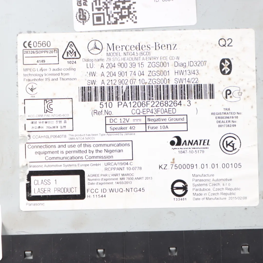 Radio Sat Nav CD Stereo Head Unit to Mercedes C204 with Part number A2049003915 Mercedes C204 Radio Sat Nav CD Stereo Head Unit - SKU A2049003915 - Part number A2049003915