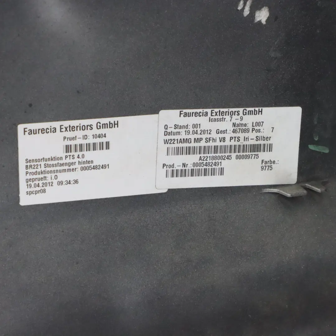 Bumper Trim Panel Cover Iridium Silver Metallic - 775 to Mercedes W221 Rear with Part number A2218800340 Mercedes W221 Rear Bumper Trim Panel Cover Iridium Silver Metallic - 775 - SKU A2218800340-IRS - Part number A2218800340