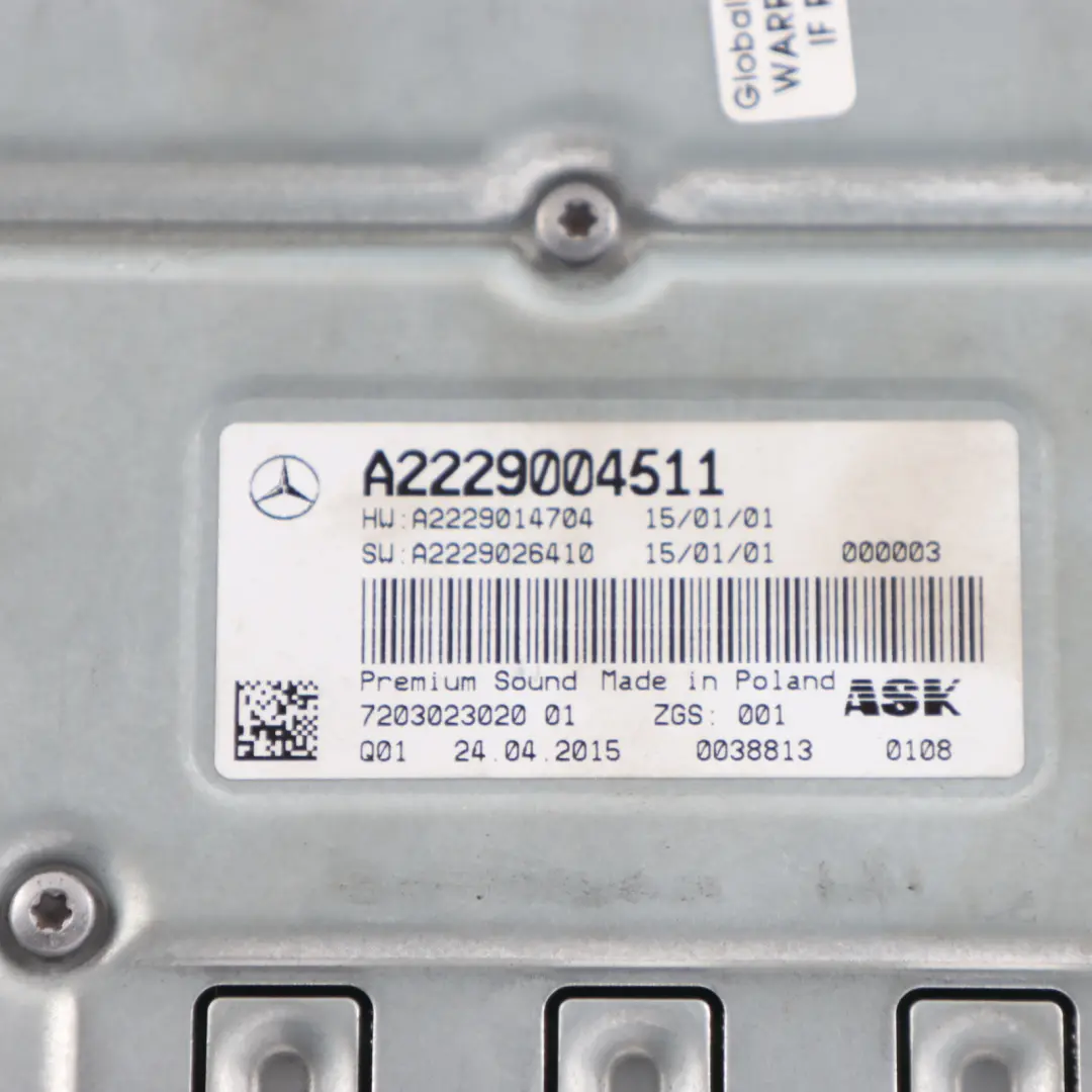 Audio Amplifier Mercedes W205 W222 GLC X253 Sound Burmester Unit to with Part number A2229004511 Audio Amplifier Mercedes W205 W222 GLC X253 Sound Burmester Unit - SKU A2229004511 - Part number A2229004511