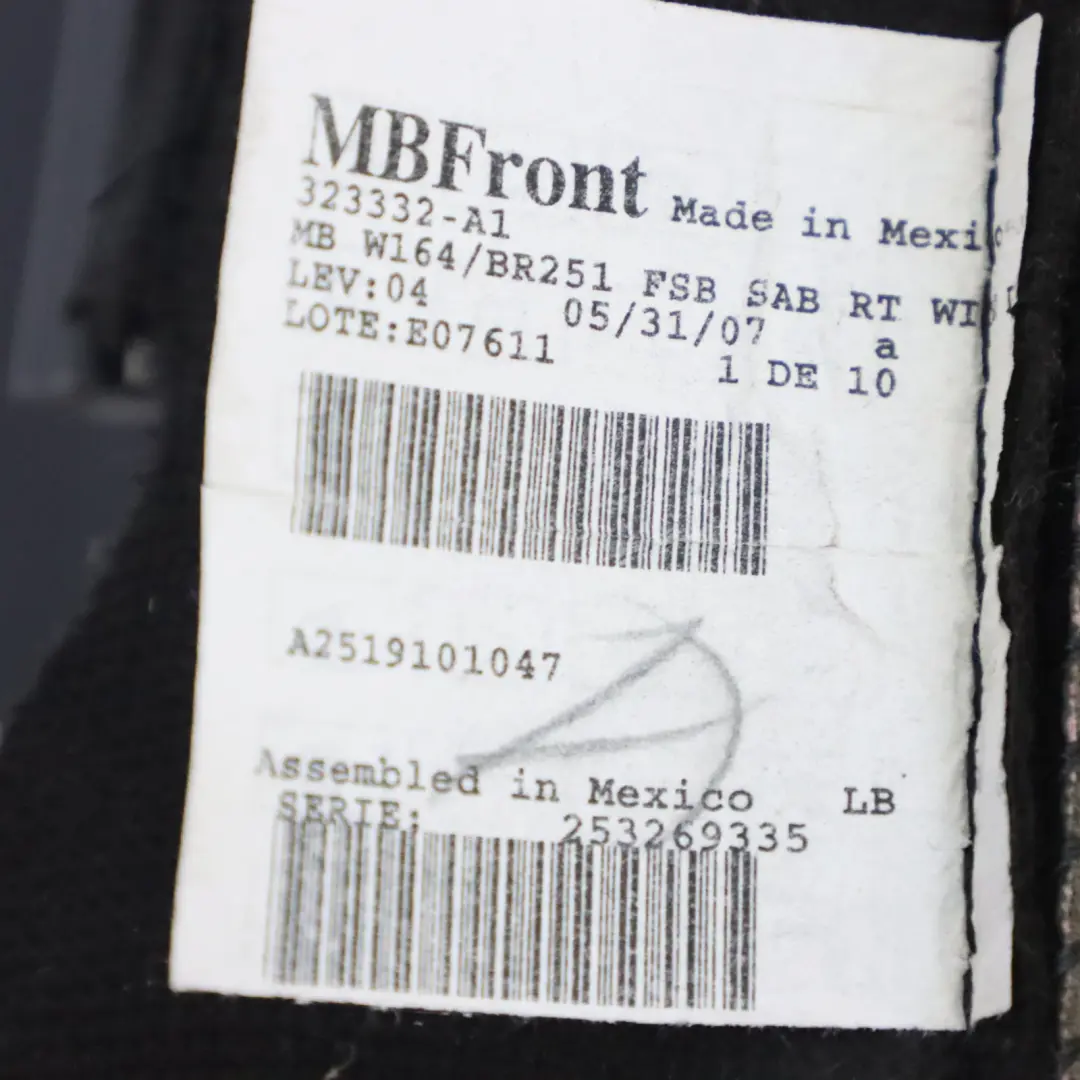 Mercedes W164 Asiento Respaldo Delantero Derecho Interior Calefactado Cuero - SKU A2519100847 - Número de pieza A2519100847