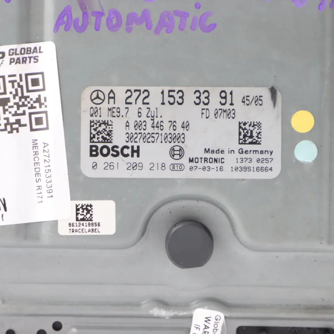 272.963 SLK350 272HP Engine Module ECU Automatic to Mercedes R171 with Part number A2721533391 Mercedes R171 272.963 SLK350 272HP Engine Module ECU Automatic - SKU A2721533391 - Part number A2721533391