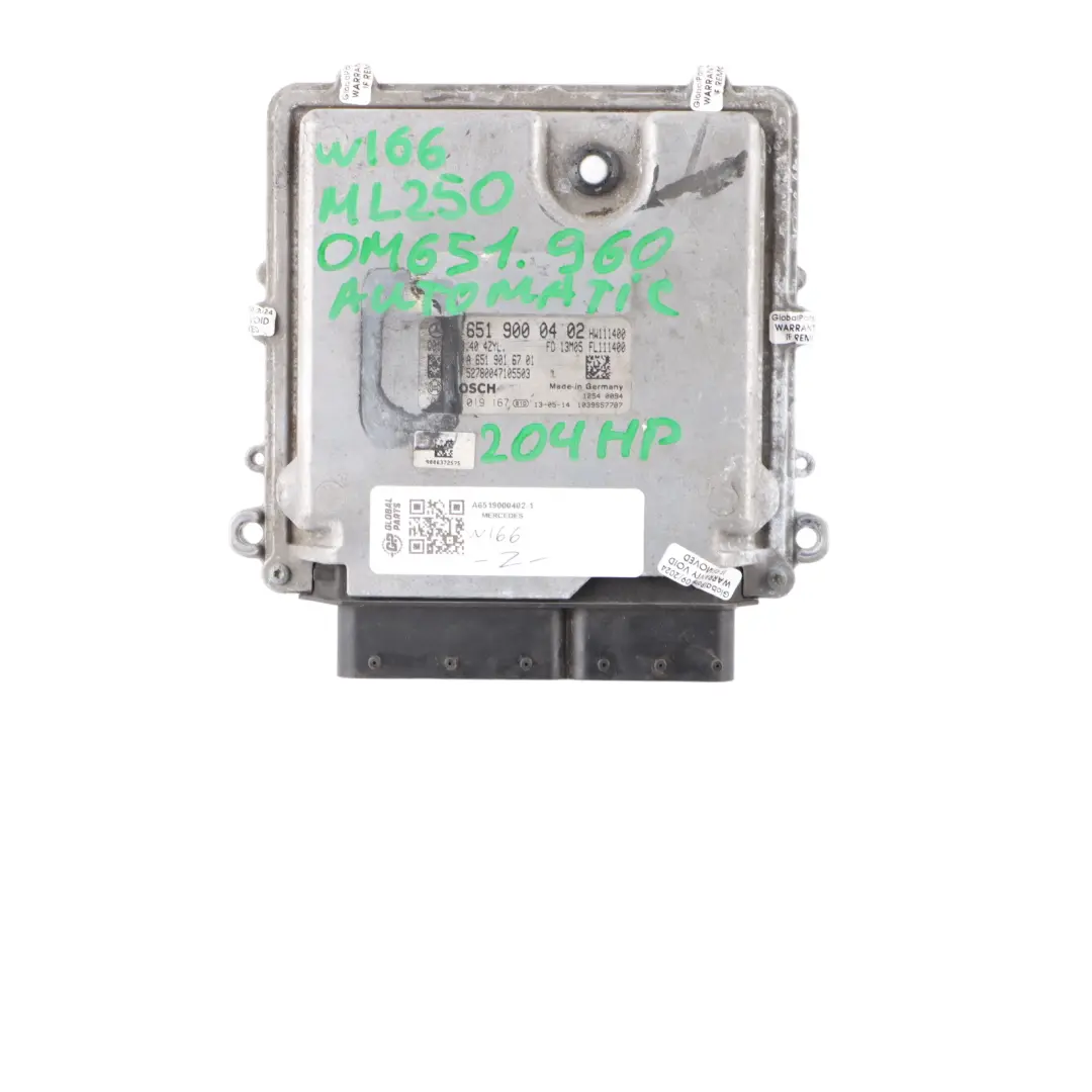 Mercedes ML250 W166 4matic OM651.960 Engine ECU Kit Key Automatic - SKU A6519000402-1 - Part number A6519000402