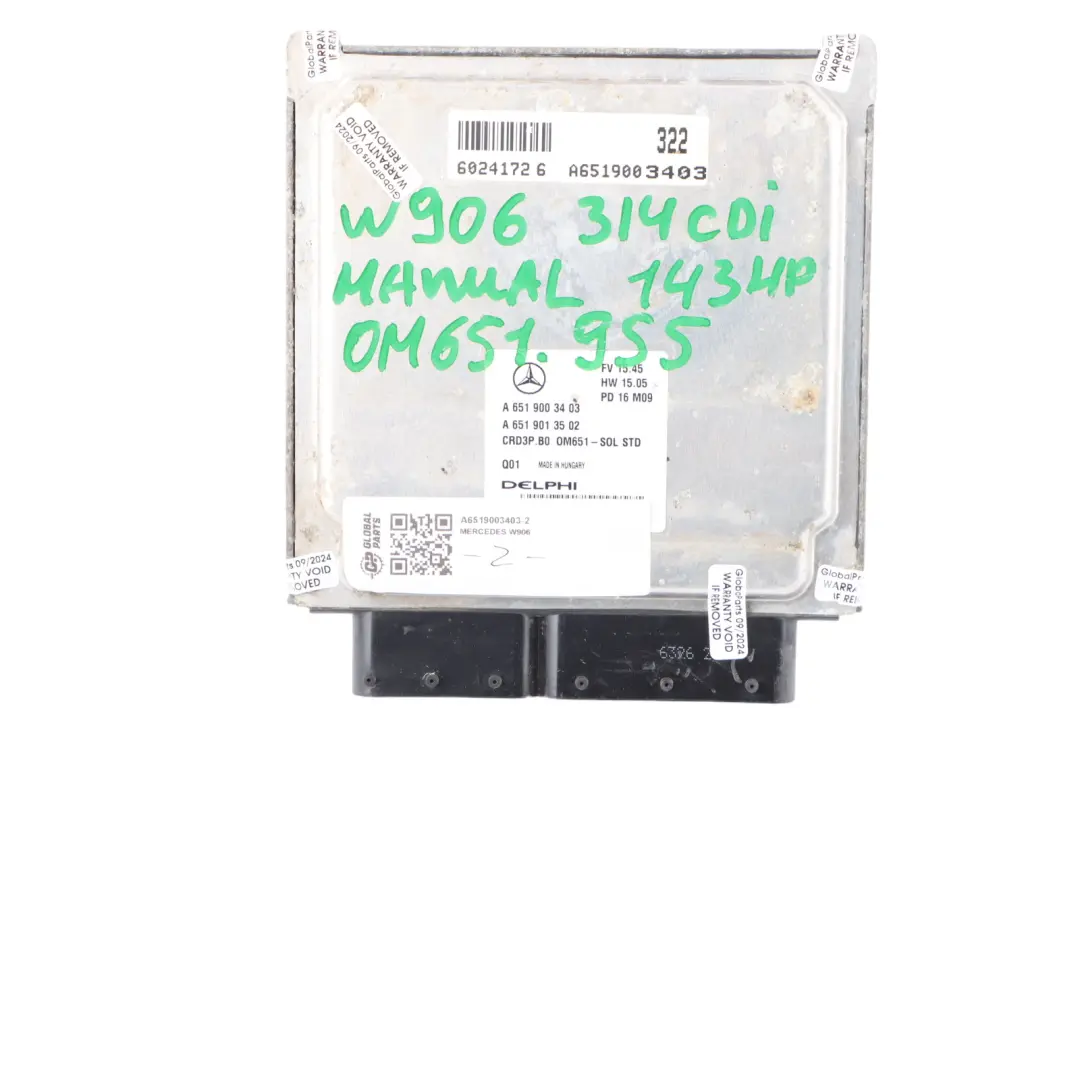 314CDI OM651.955 143HP Engine Unit Module ECU Kit Mercedes W906 - SKU A6519003403-2 - Part number A6519003403