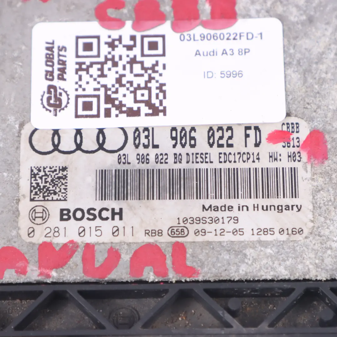 Audi A3 8P 2.0 TDI 170HP CBBB Engine ECU Unit Kit Key + Ignition - SKU 03L906022FD-1 - Part number 03L906022FD