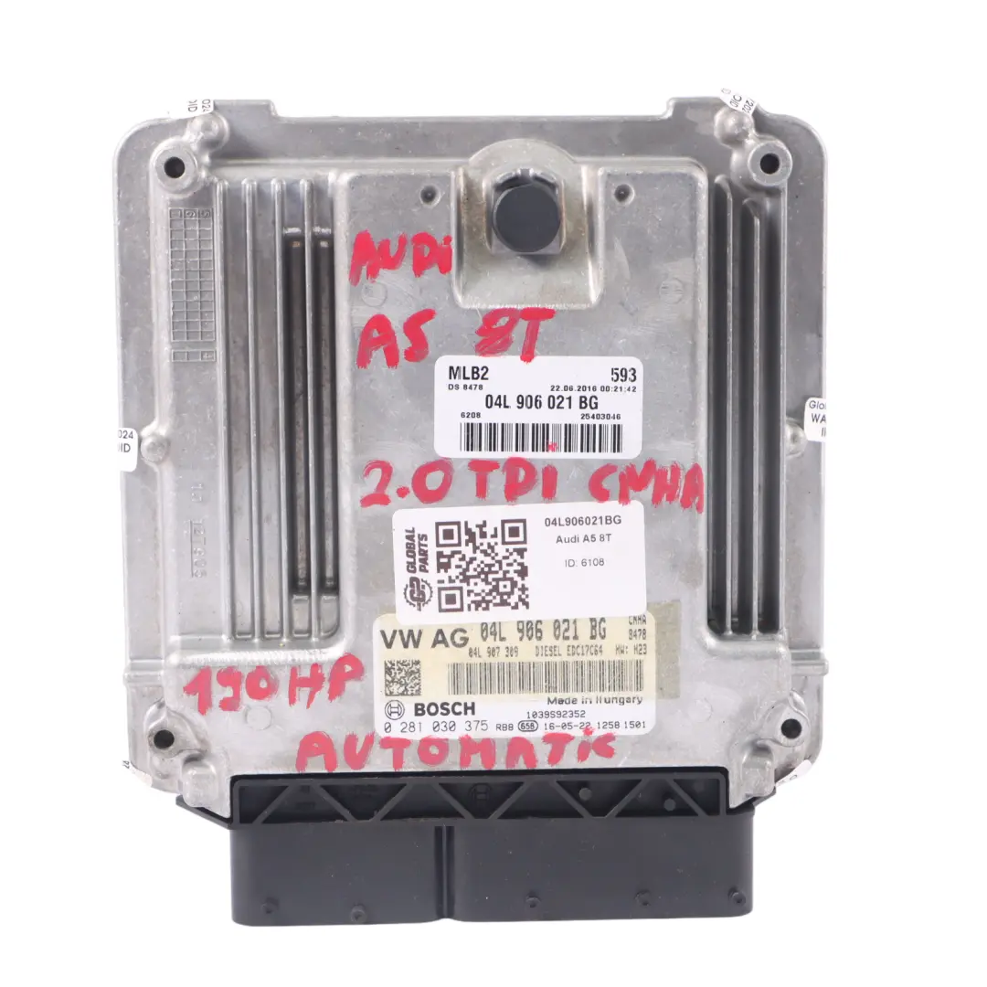 CNHA 190HP Engine Control Unit ECU Automatic Audi A5 8T 2.0 TDI - SKU 04L906021BG - Part number 04L906021BG