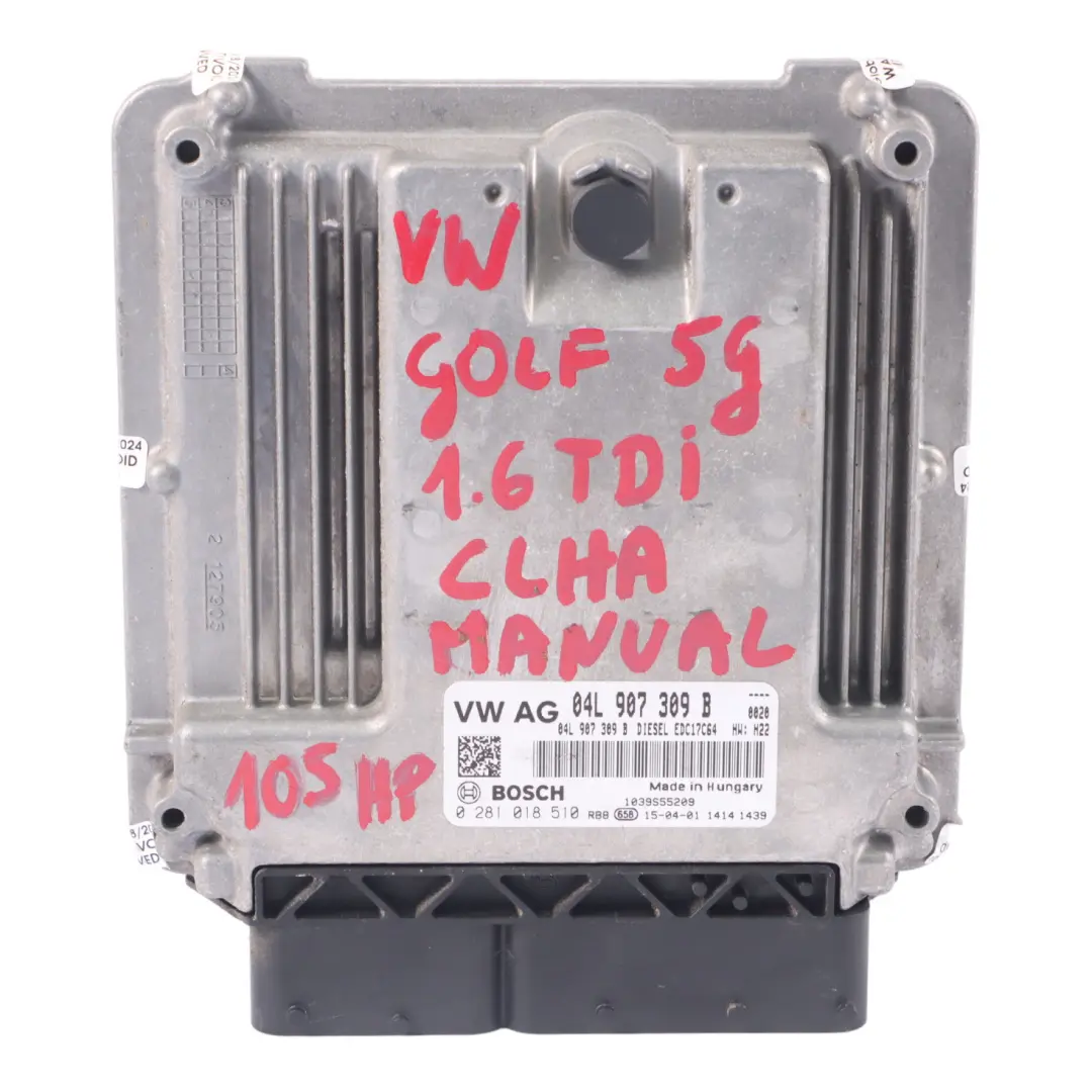 CLHA Unidad Control Motor ECU Manual para Volkswagen Golf Mk7 1.6 TDI con número de pieza 04L907309B Volkswagen Golf Mk7 1.6 TDI CLHA Unidad Control Motor ECU Manual - SKU 04L907309B - Número de pieza 04L907309B