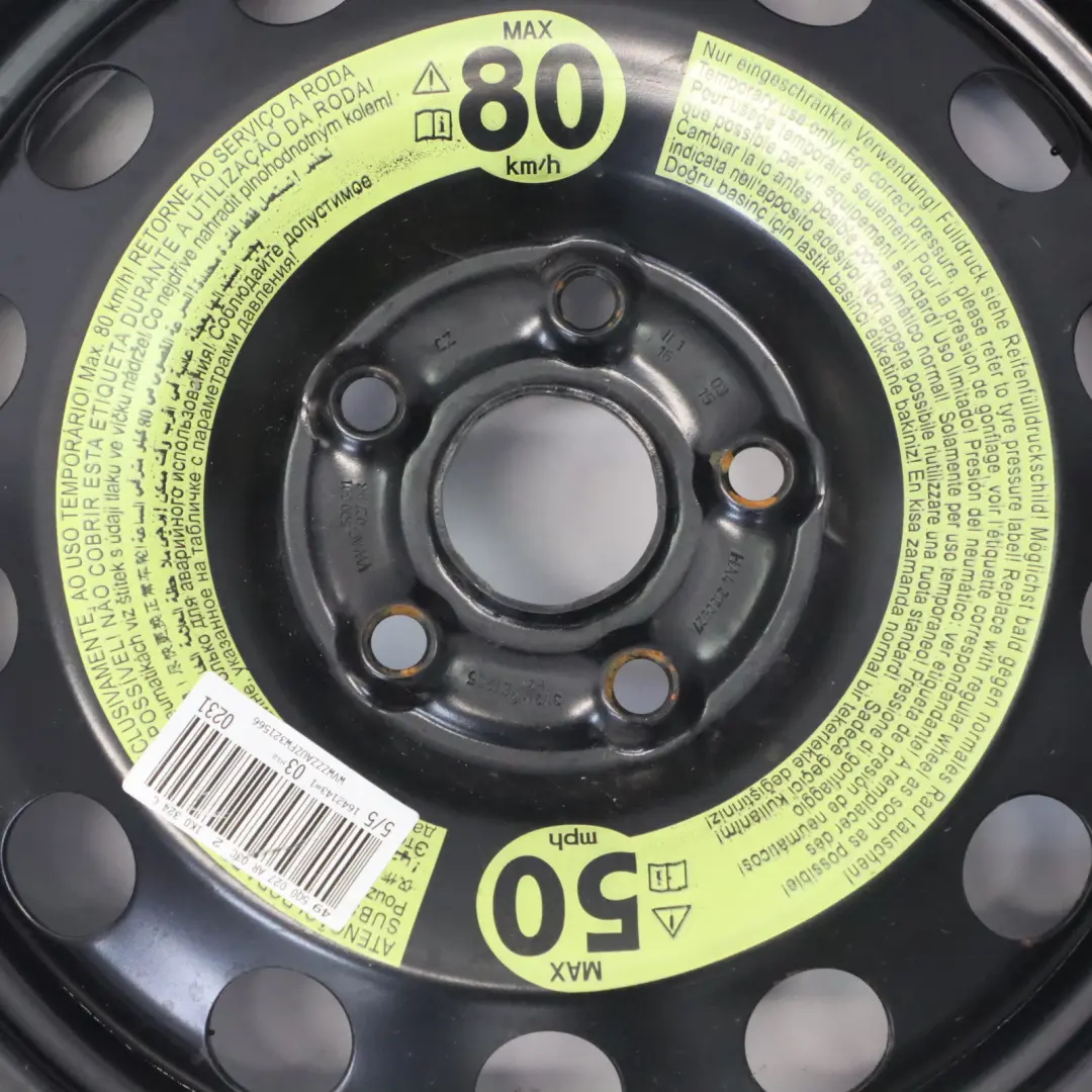 Rueda de Repuesto Acero R16 Hankook 3.5J ET: 25.5 125/70 para VW Golf Mk7 con número de pieza 5Q0601027AR VW Golf Mk7 Rueda de Repuesto Acero R16 Hankook 3.5J ET: 25.5 125/70 - SKU 5Q0601027AR - Número de pieza 5Q0601027AR