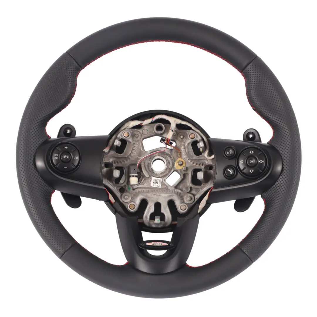 Leather Steering Wheel Sport Paddles Red Thread to Mini Cooper S JCW F56 NEW Black with Part number 6996049 Mini Cooper S JCW F56 NEW Black Leather Steering Wheel Sport Paddles Red Thread - SKU 6996049-2 - Part number 6996049
