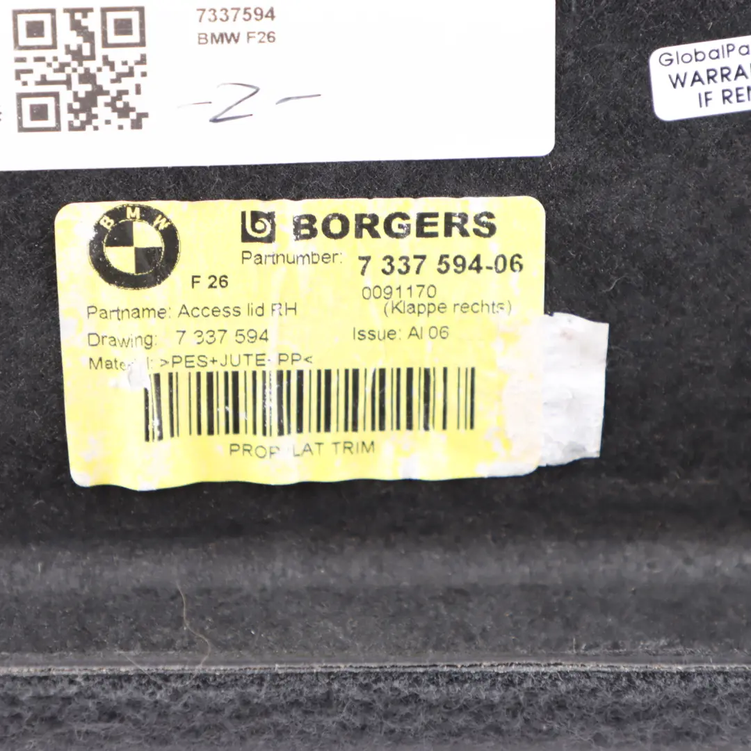 Boot Storage Compartment Trunk Trim Panel Flap Right O/S to BMW X4 F26 with Part number 7337594 BMW X4 F26 Boot Storage Compartment Trunk Trim Panel Flap Right O/S - SKU 7337594 - Part number 7337594