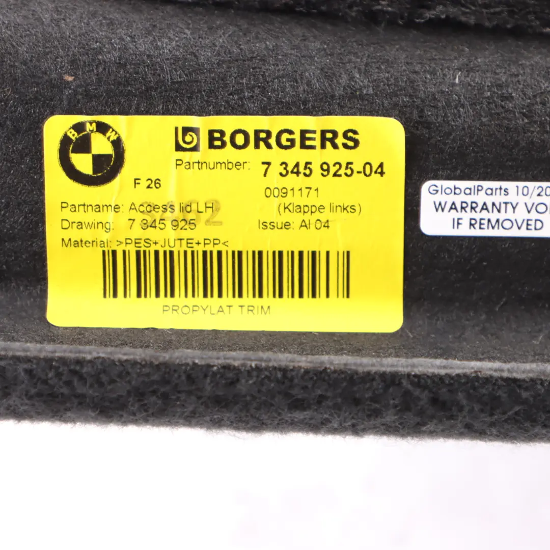 Boot Storage Compartment Trunk Trim Panel Flap Left N/S Cover 7378505 to BMW X4 F26 with Part number 7345925 BMW X4 F26 Boot Storage Compartment Trunk Trim Panel Flap Left N/S Cover 7378505 - SKU 7345925 - Part number 7345925