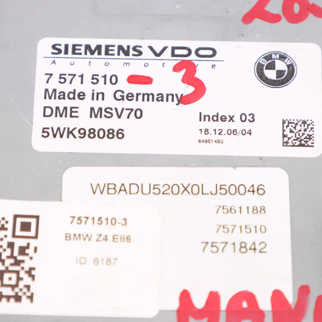 N52 265HP Kit ECU DME EWS Chiave Manuale per BMW Z4 E86 Coupe 3.0si con numero di parte 7571510 BMW Z4 E86 Coupe 3.0si N52 265HP Kit ECU DME EWS Chiave Manuale - SKU 7571510-3 - Numero di parte 7571510
