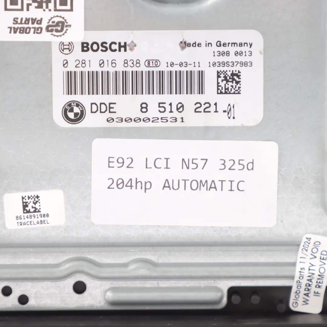 BMW E90 E91 E92 LCI 325d N57 204HP ECU Engine Module DDE Automatic - SKU 8510221-18 - Part number 8510221