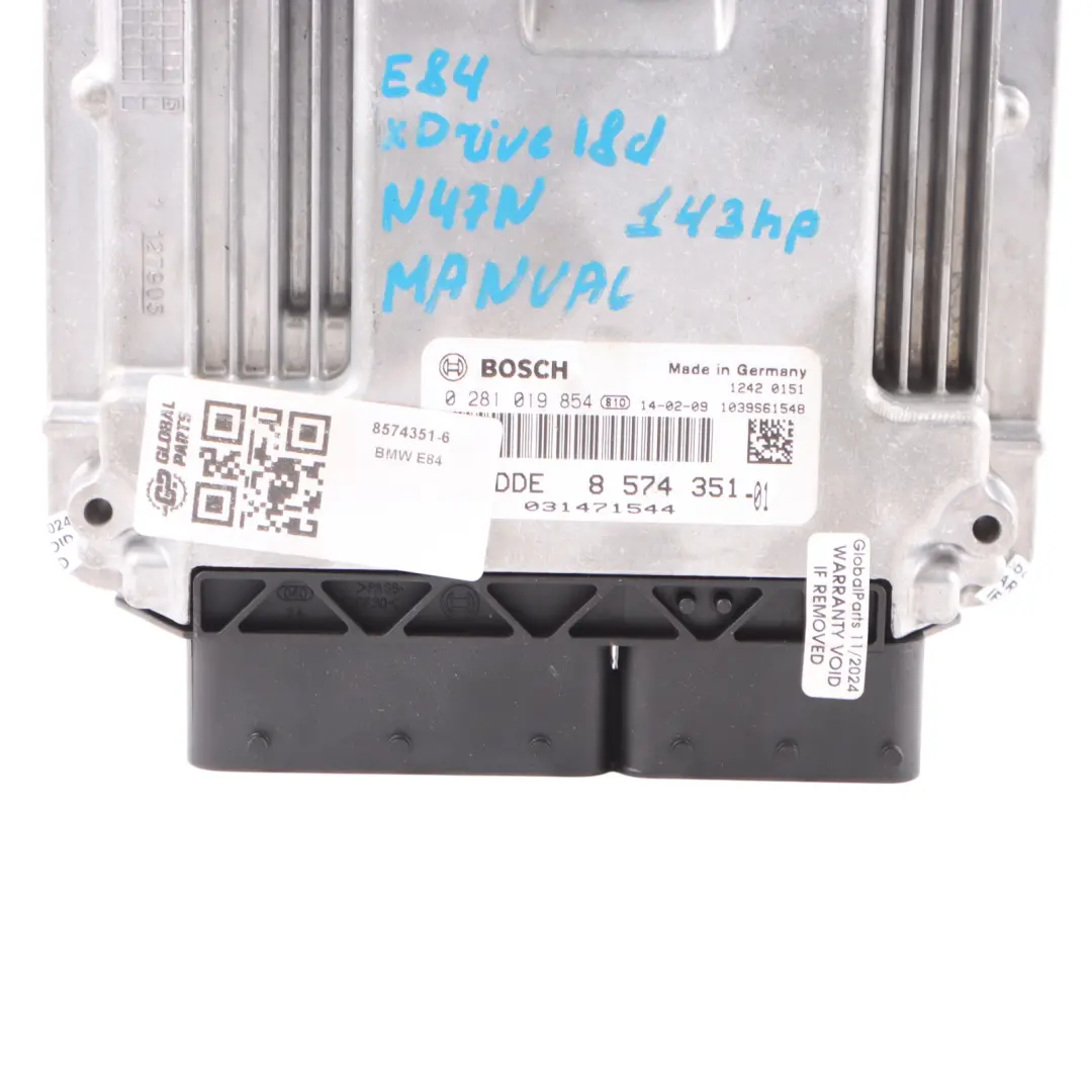 BMW X1 E84 18dX 143HP Diesel N47N Engine Control Unit ECU DDE Manual - SKU 8574351-6 - Part number 8574351