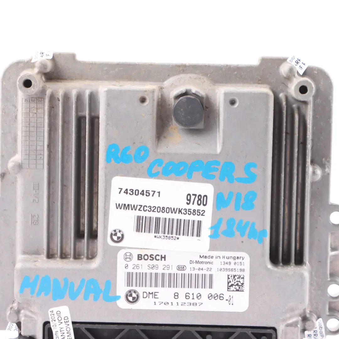 184HP Motor Steuergerät ECU DME für Mini Cooper S R56 LCI N18 1.6 mit Teilenummer 8610006 Mini Cooper S R56 LCI N18 1.6 184HP Motor Steuergerät ECU DME - SKU 8610006 - Teilenummer 8610006