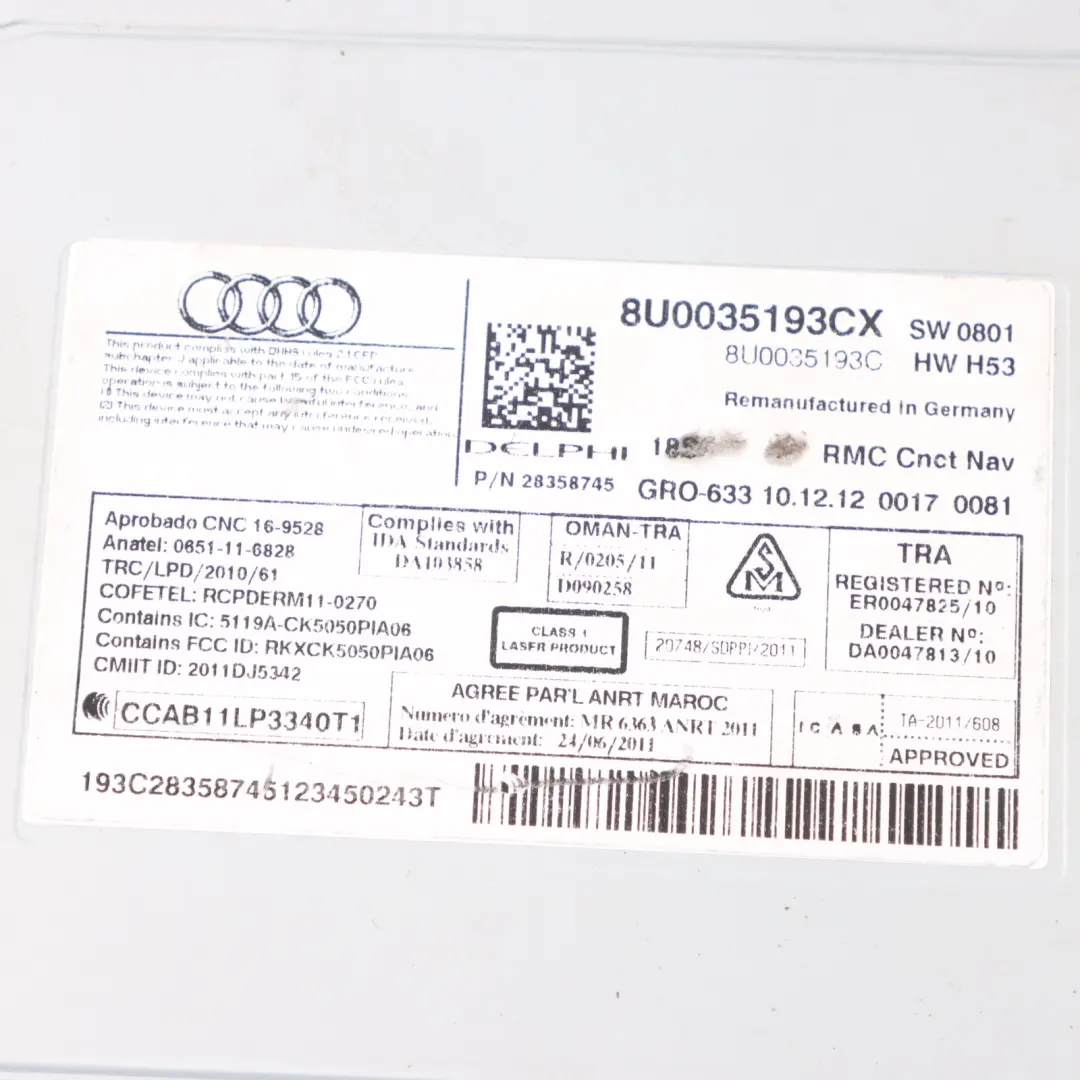 Head Unit Navigation Multimedia Control Unit to Audi Q3 8U with Part number 8U0035193CX Audi Q3 8U Head Unit Navigation Multimedia Control Unit - SKU 8U0035193CX - Part number 8U0035193CX