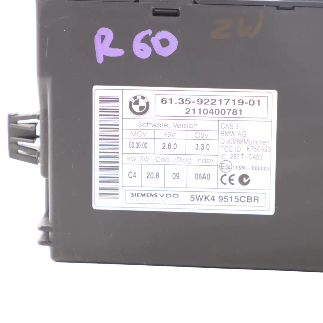 CAS 3 ECU Unità controllo Modulo lettura chiave per Mini Cooper R55 R56 R60 con numero di parte 9221719 Mini Cooper R55 R56 R60 CAS 3 ECU Unità controllo Modulo lettura chiave - SKU 9221719-1 - Numero di parte 9221719