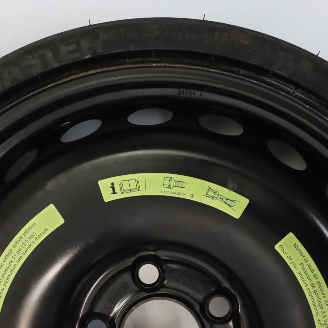 Ruota scorta acciaio R17 4,5J ET:12 Pneumatico 145/70 per Mercedes R171 con numero di parte A1714000202 Mercedes R171 Ruota scorta acciaio R17 4,5J ET:12 Pneumatico 145/70 - SKU A1714000202-3 - Numero di parte A1714000202