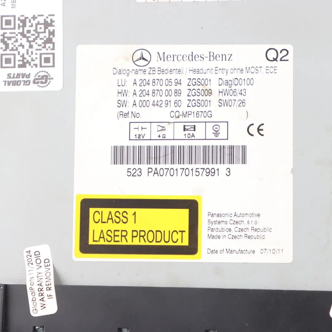 Mercedes W204 Radio Player COMAND Navi CD Head Unit - SKU A2048700594-1 - Part number A2048700594