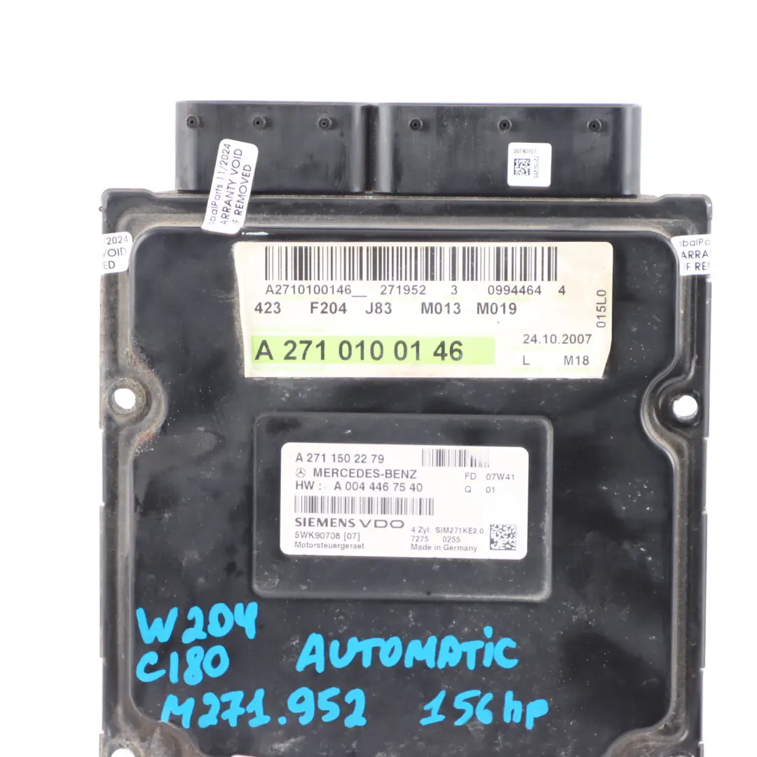 C180 M271.952 Engine Control Unit Module ECU Automatic to Mercedes W204 with Part number A2710100146 Mercedes W204 C180 M271.952 Engine Control Unit Module ECU Automatic - SKU A2710100146 - Part number A2710100146