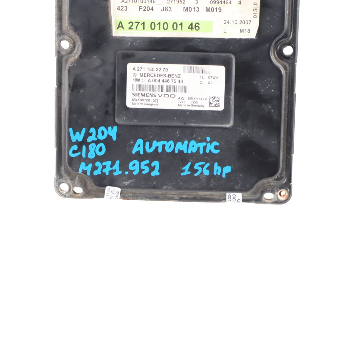C180 M271.952 Engine Control Unit Module ECU Automatic to Mercedes W204 with Part number A2710100146 Mercedes W204 C180 M271.952 Engine Control Unit Module ECU Automatic - SKU A2710100146 - Part number A2710100146