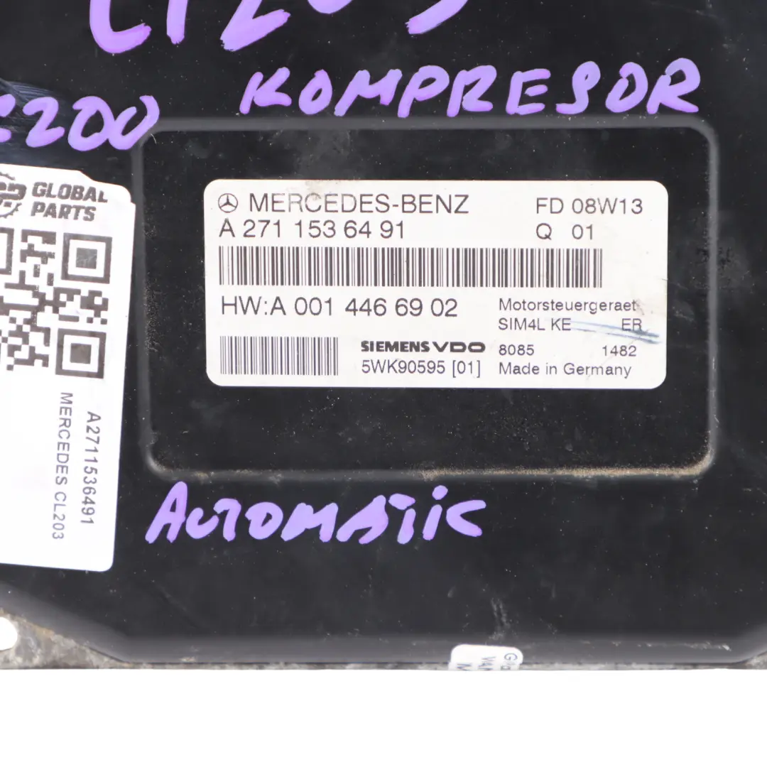 CLC200K M271.957 Engine Control Unit Module ECU to Mercedes CL203 with Part number A2711536491 Mercedes CL203 CLC200K M271.957 Engine Control Unit Module ECU - SKU A2711536491 - Part number A2711536491