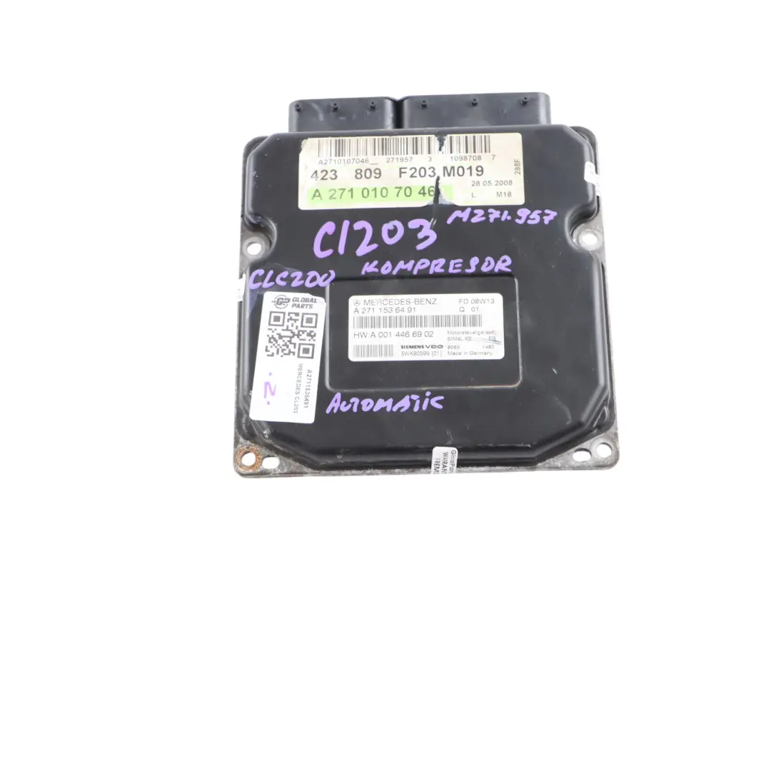 CLC200K M271.957 Engine Control Unit Module ECU to Mercedes CL203 with Part number A2711536491 Mercedes CL203 CLC200K M271.957 Engine Control Unit Module ECU - SKU A2711536491 - Part number A2711536491