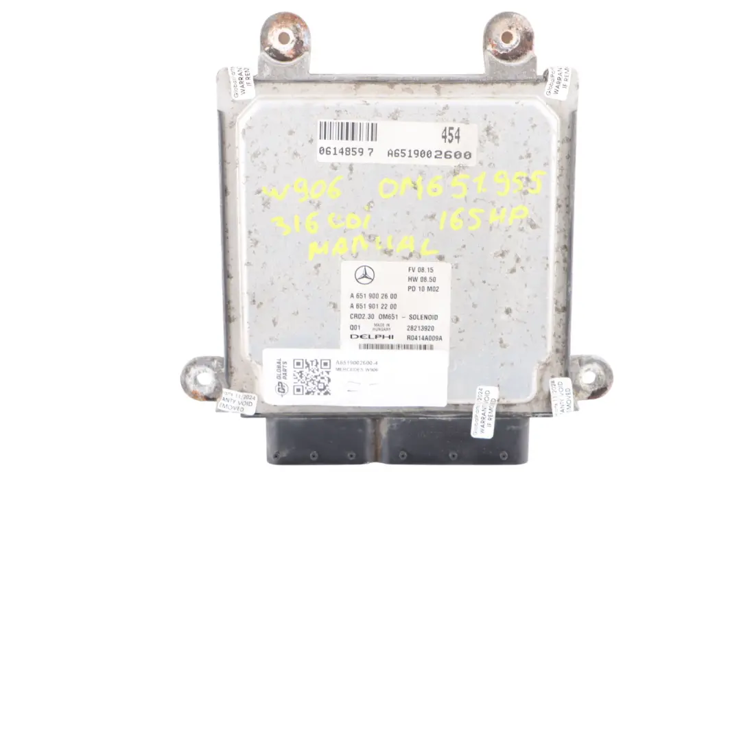 Mercedes W906 316CDI OM651.955 165HP Engine ECU Kit Keys Lock Manual - SKU A6519002600-4 - Part number A6519002600