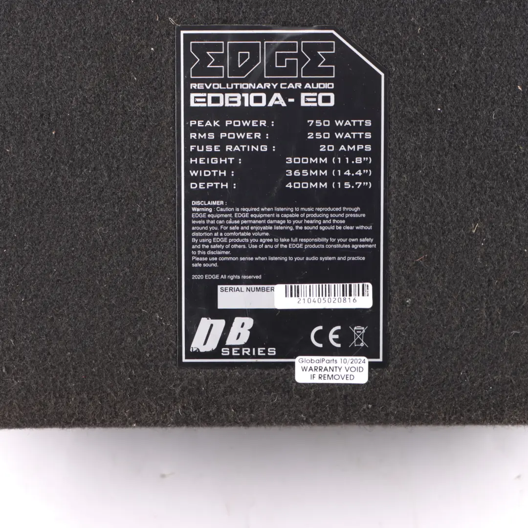 Audio Active Bass Box Enclosure Subwoofer Speaker Amplifier 750W EDB10A to Edge Car with Part number EDB10A-E0 Edge Car Audio Active Bass Box Enclosure Subwoofer Speaker Amplifier 750W EDB10A - SKU EDB10A-E0 - Part number EDB10A-E0