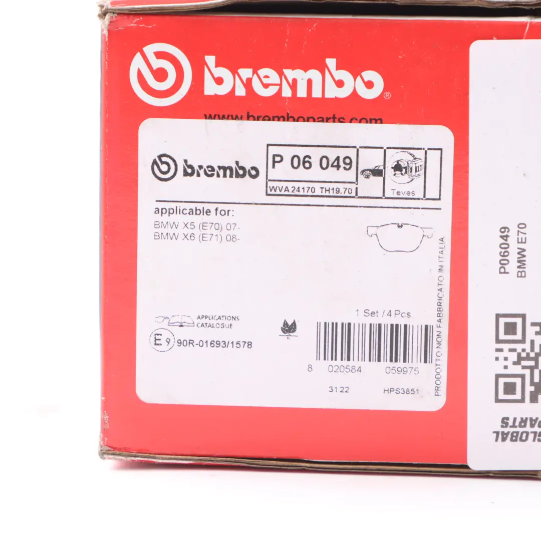 Brembo Front Axle Brake Pads Set Kit to BMW X5 E70 X6 E71 with Part number P06049 BMW X5 E70 X6 E71 Brembo Front Axle Brake Pads Set Kit - SKU P06049 - Part number P06049