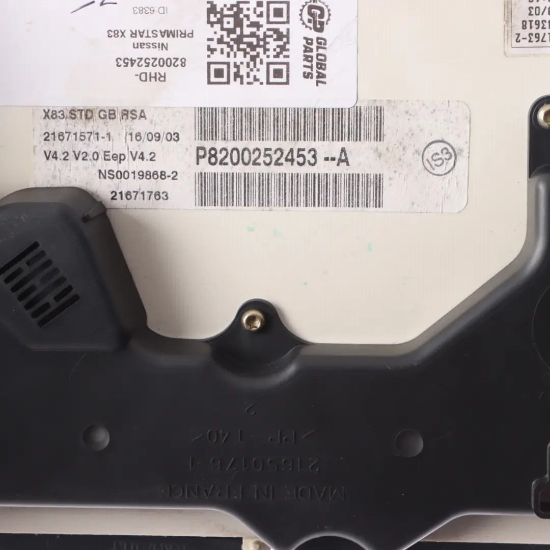 Speedometer Instrument Cluster Diesel Manual to NIssan Primastar X83 with Part number 8200252453 NIssan Primastar X83 Speedometer Instrument Cluster Diesel Manual - SKU RHD-8200252453 - Part number 8200252453