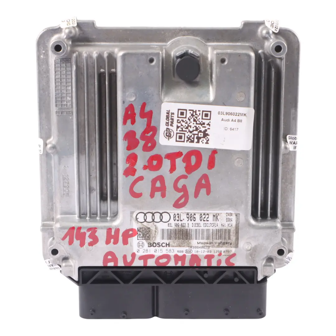 CAGA 143HP Unité Moteur ECU Automatique pour Audi A4 B8 2.0 TDI Diesel à propos du numéro de pièce 03L906022MK Audi A4 B8 2.0 TDI Diesel CAGA 143HP Unité Moteur ECU Automatique - SKU 03L906022MK - Numéro de pièce 03L906022MK