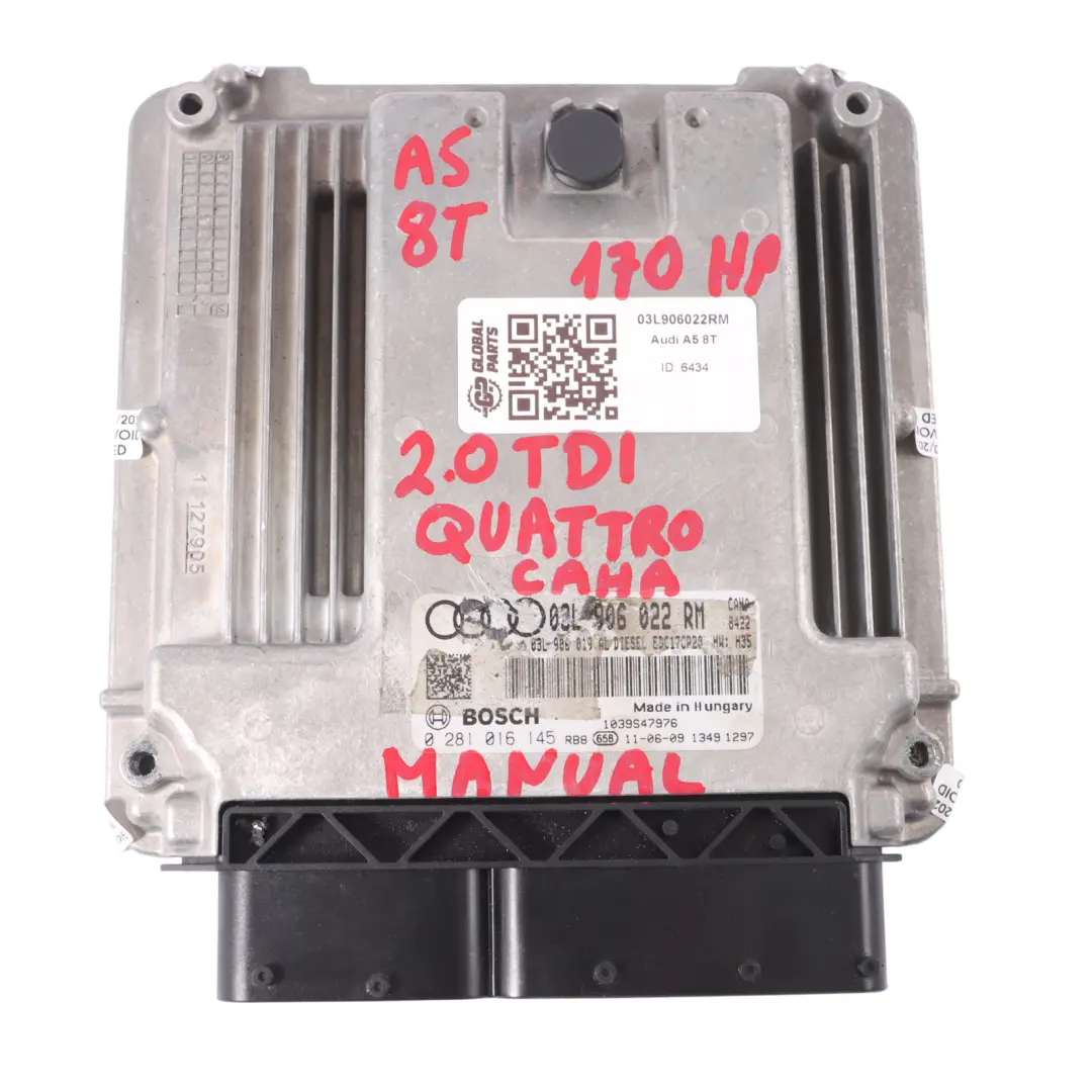 CAHA 170HP Engine Control Module ECU Manual to Audi A5 8T 2.0 TDI with Part number 03L906022RM Audi A5 8T 2.0 TDI CAHA 170HP Engine Control Module ECU Manual - SKU 03L906022RM - Part number 03L906022RM