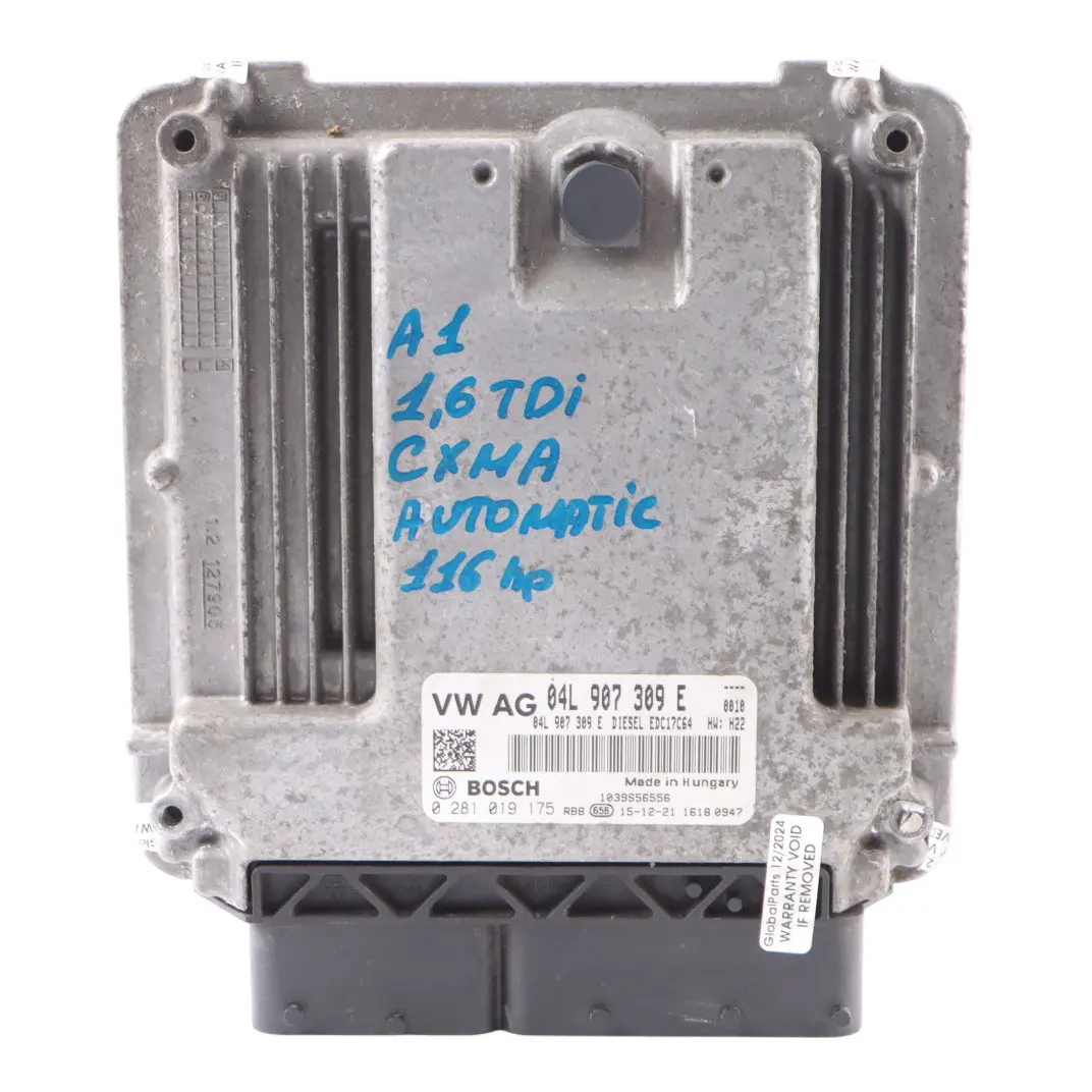 CXMA 116HP Engine Control Unit ECU Automatic to Audi A1 8X 1.6 TDI with Part number 04L907309E Audi A1 8X 1.6 TDI CXMA 116HP Engine Control Unit ECU Automatic - SKU 04L907309E - Part number 04L907309E