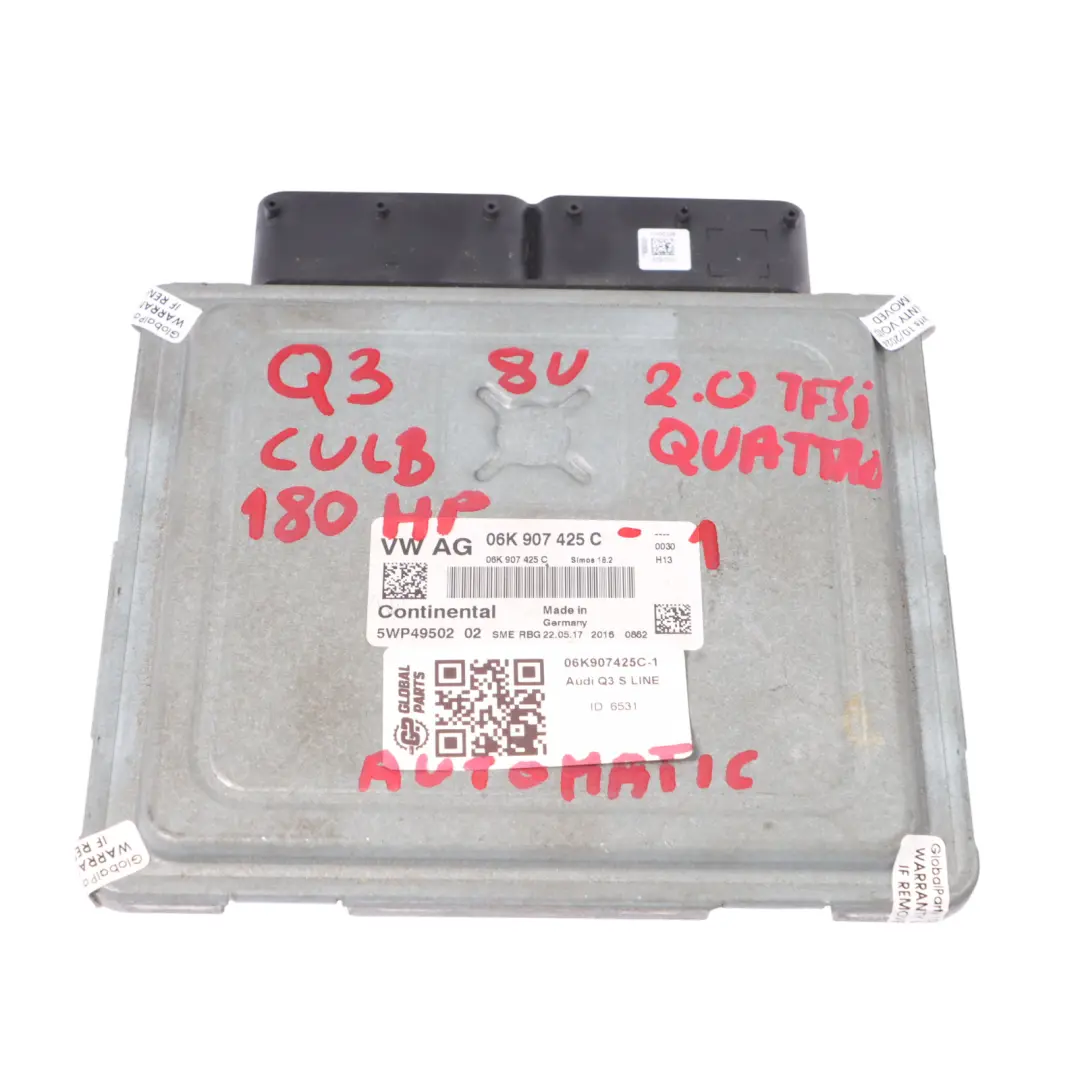 Audi Q3 8U 2.0 TFSI CULB 180HP Quattro Engine ECU Kit 06K907425C Ignition + Key - SKU 06K907425C-1 - Part number 06K907425C-1