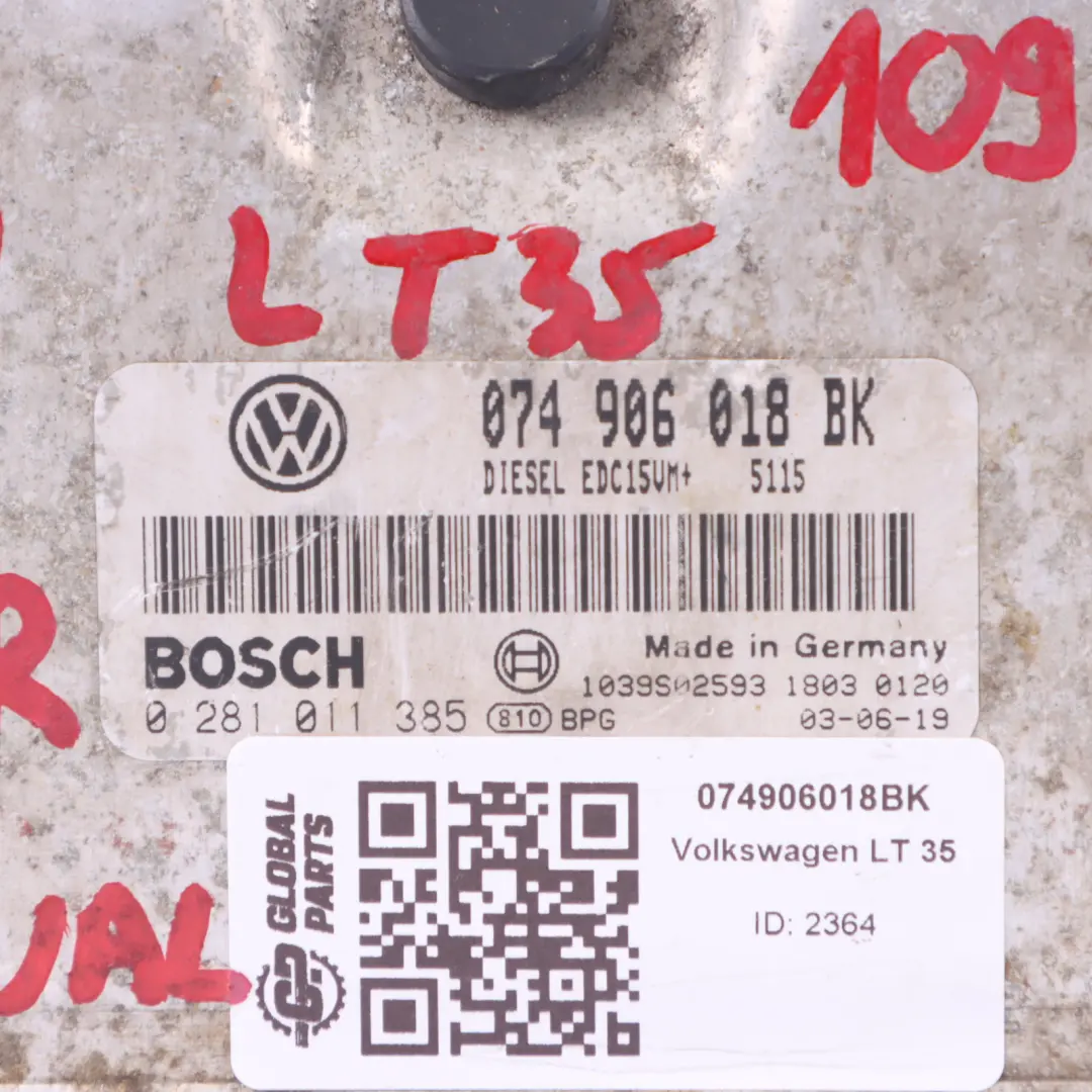 VW Volkswagen LT 35 2.5 TDI AVR 109HP Engine ECU Kit Manual Gearbox - SKU 074906018BK - Part number 074906018BK