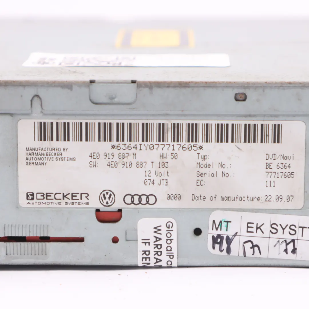 Sat Nav Audi S8 D3 A6 C6 DVD Unité de contrôle de la navigation pour à propos du numéro de pièce 4E0919887M Sat Nav Audi S8 D3 A6 C6 DVD Unité de contrôle de la navigation - SKU 4E0919887M - Numéro de pièce 4E0919887M