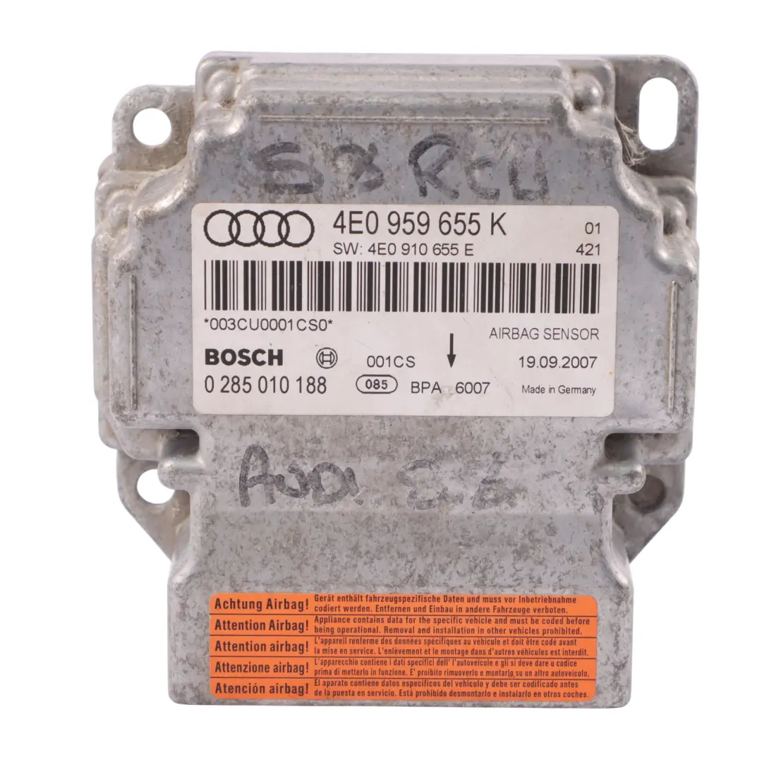 Audi A8 4E S8 D3 SRS Unidad de módulo de aire de control bolsas Bosch - SKU 4E0959655K - Número de pieza 4E0959655K