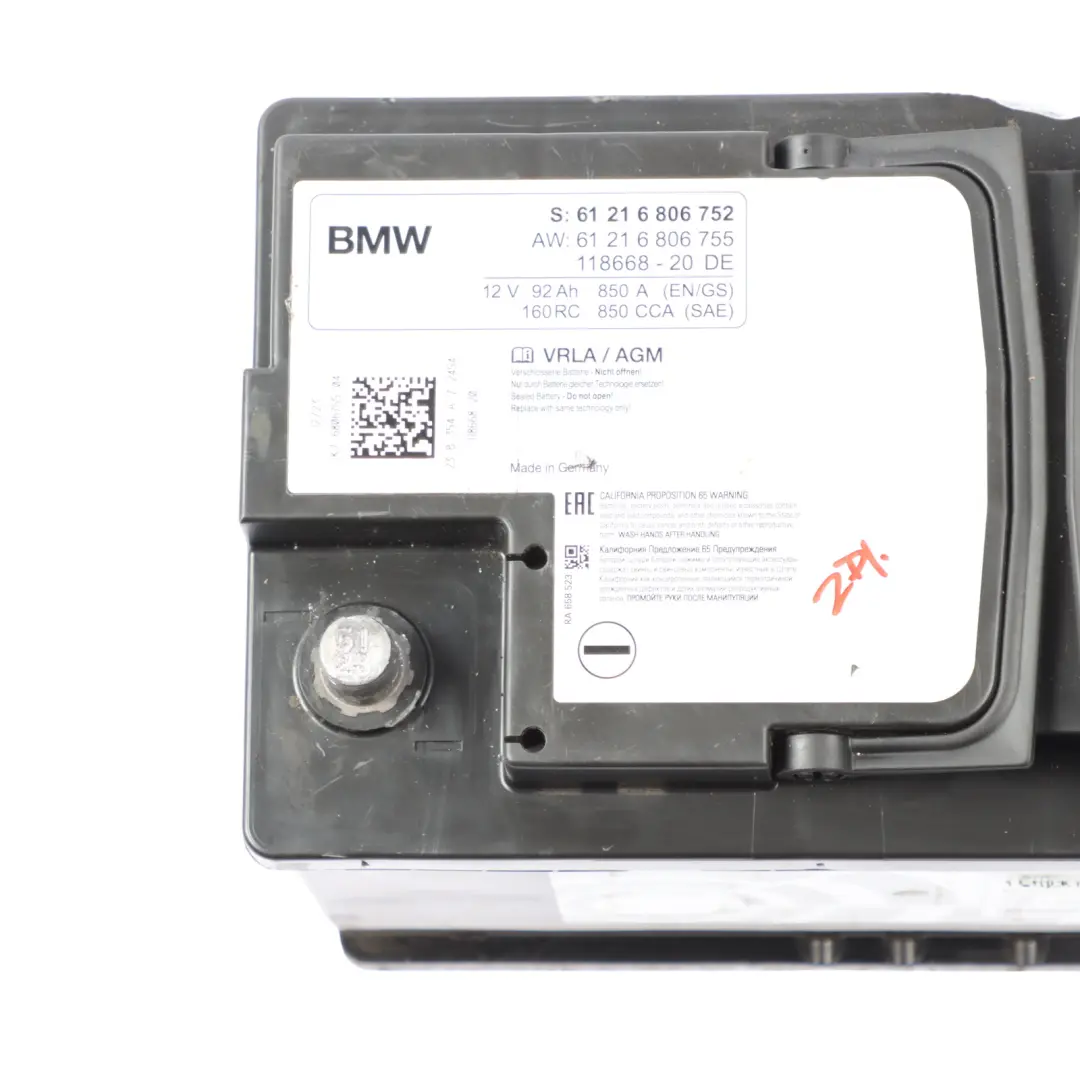 AGM Car Battery 12V 92Ah 850A to BMW with Part number 6806755 BMW AGM Car Battery 12V 92Ah 850A - SKU 6806755 - Part number 6806755