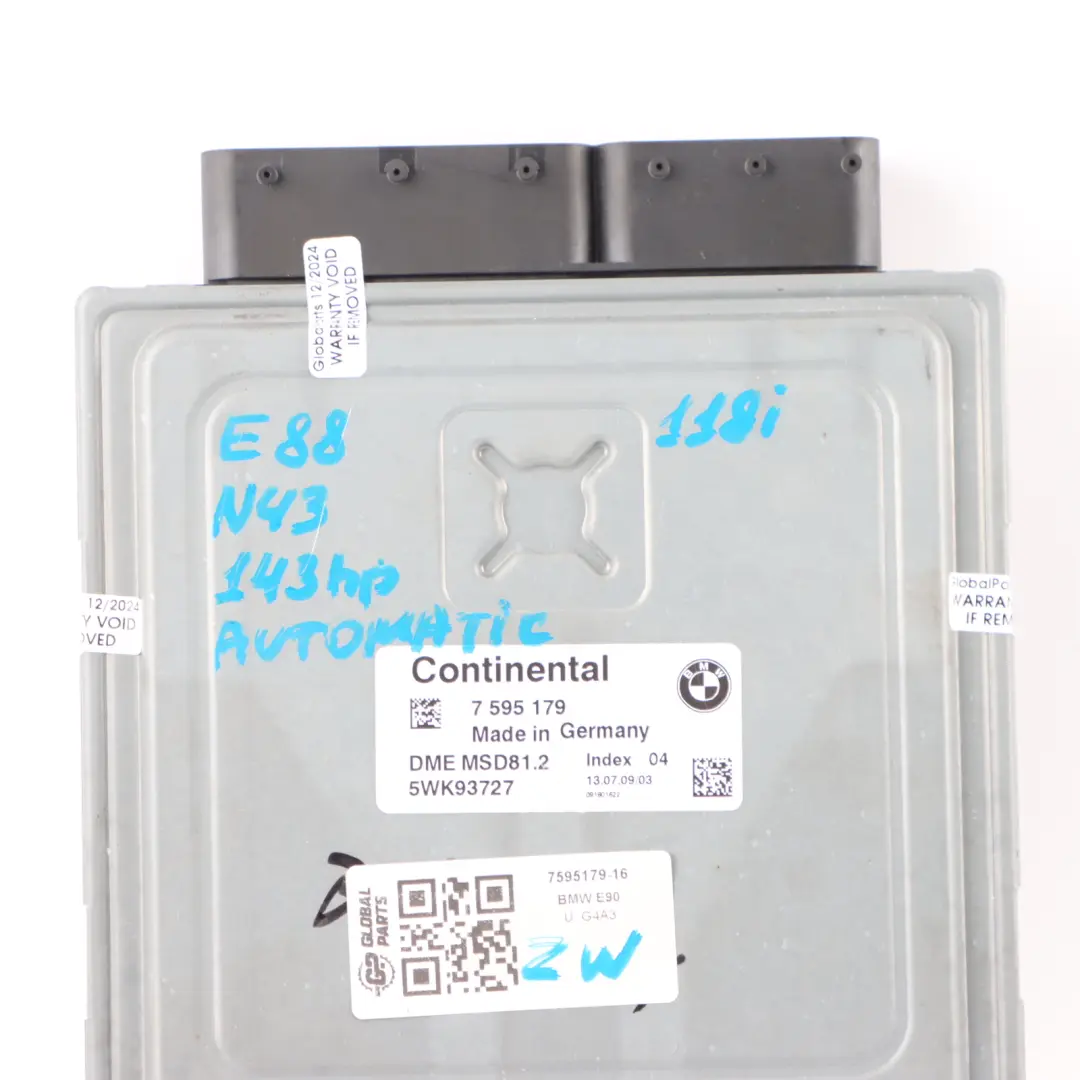 N43 Engine Control Unit ECU DME Automatic to BMW E81 E87 LCI E90 E91 Petrol with Part number 7595179 BMW E81 E87 LCI E90 E91 Petrol N43 Engine Control Unit ECU DME Automatic - SKU 7595179-16 - Part number 7595179