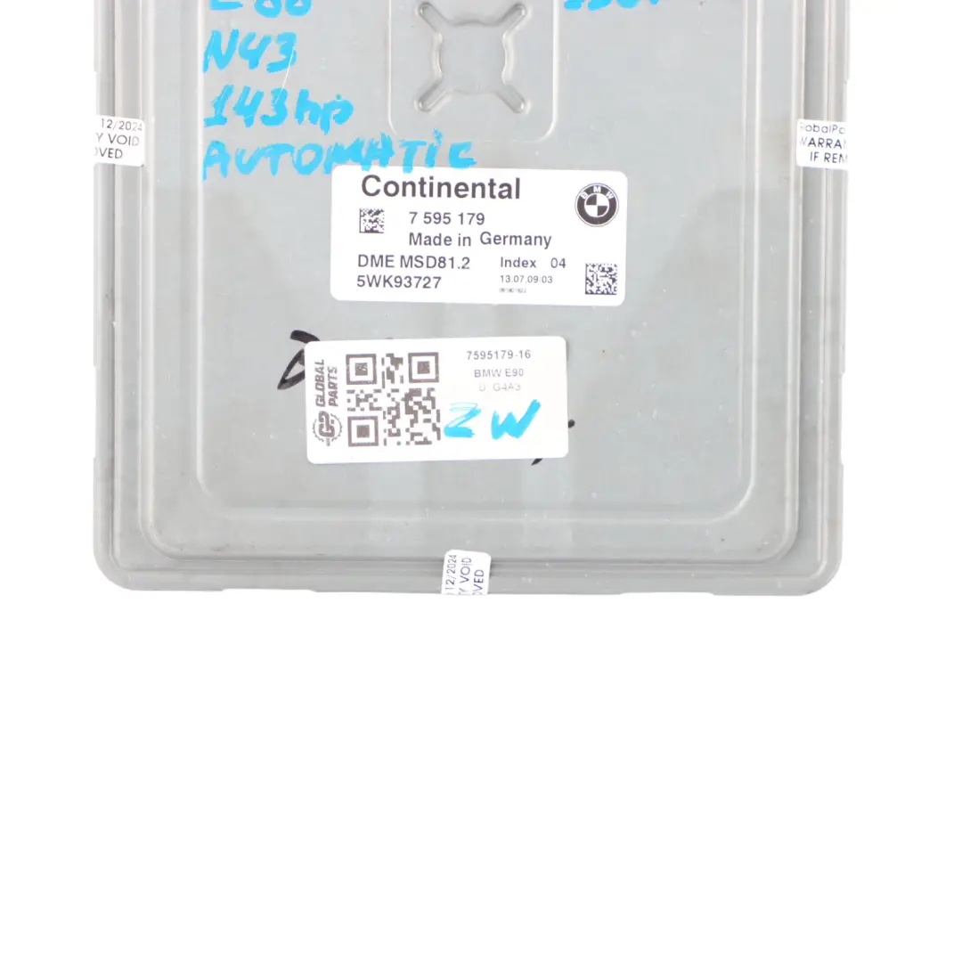 BMW E81 E87 LCI E90 E91 Petrol N43 Engine Control Unit ECU DME Automatic - SKU 7595179-16 - Part number 7595179