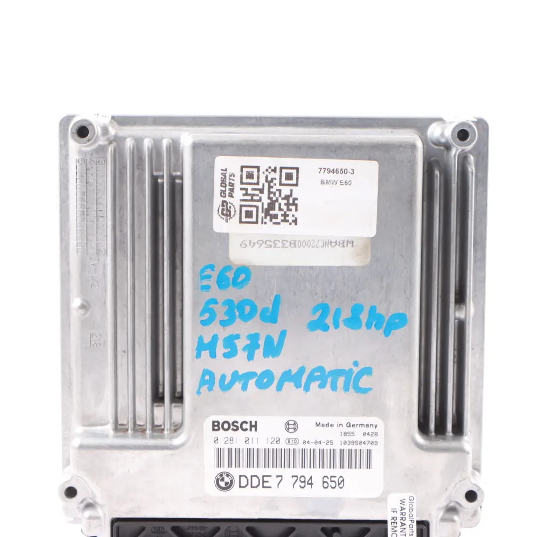M57N 218HP Engine Control Unit ECU DDE Automatic to BMW E60 E61 530d Diesel with Part number 7794650 BMW E60 E61 530d Diesel M57N 218HP Engine Control Unit ECU DDE Automatic - SKU 7794650-3 - Part number 7794650