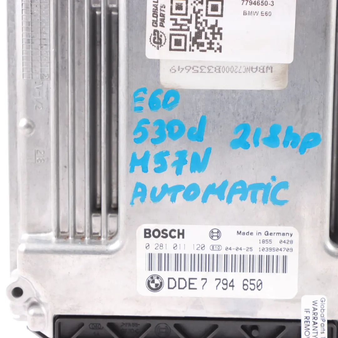 M57N 218HP Engine Control Unit ECU DDE Automatic to BMW E60 E61 530d Diesel with Part number 7794650 BMW E60 E61 530d Diesel M57N 218HP Engine Control Unit ECU DDE Automatic - SKU 7794650-3 - Part number 7794650