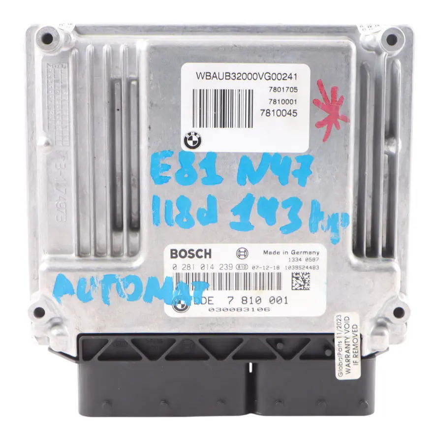 N47 Diesel Engine DDE ECU Control Unit Automatic to BMW E81 E87 LCI E90 with Part number 7810001 BMW E81 E87 LCI E90 N47 Diesel Engine DDE ECU Control Unit Automatic - SKU 7810001-4 - Part number 7810001