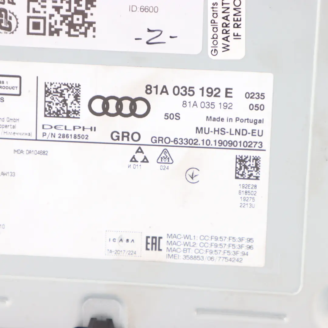 Radio CD SD SIM Player Stereo Sat Nav Head Unit Audi A3 8V - SKU 81A035192E - Part number 81A035192E