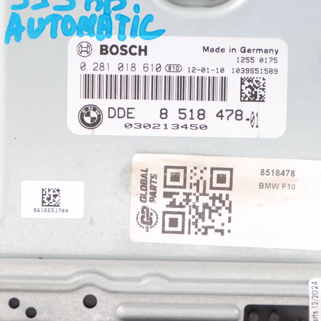 N57Z 313HP Engine Unit ECU DDE Automatic to BMW F10 F11 535d F13 640d with Part number 8518478 BMW F10 F11 535d F13 640d N57Z 313HP Engine Unit ECU DDE Automatic - SKU 8518478 - Part number 8518478
