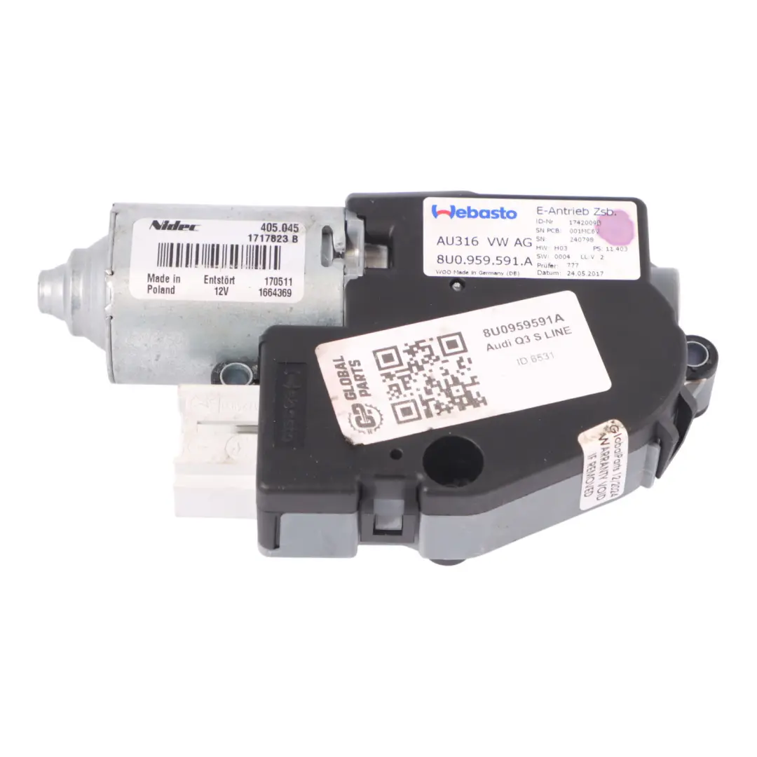 Glasschiebedach Motor Antriebsmechanismus Vorne Hinten für Audi Q3 8U mit Teilenummer 8U0959591A Audi Q3 8U Glasschiebedach Motor Antriebsmechanismus Vorne Hinten - SKU 8U0959591A - Teilenummer 8U0959591A