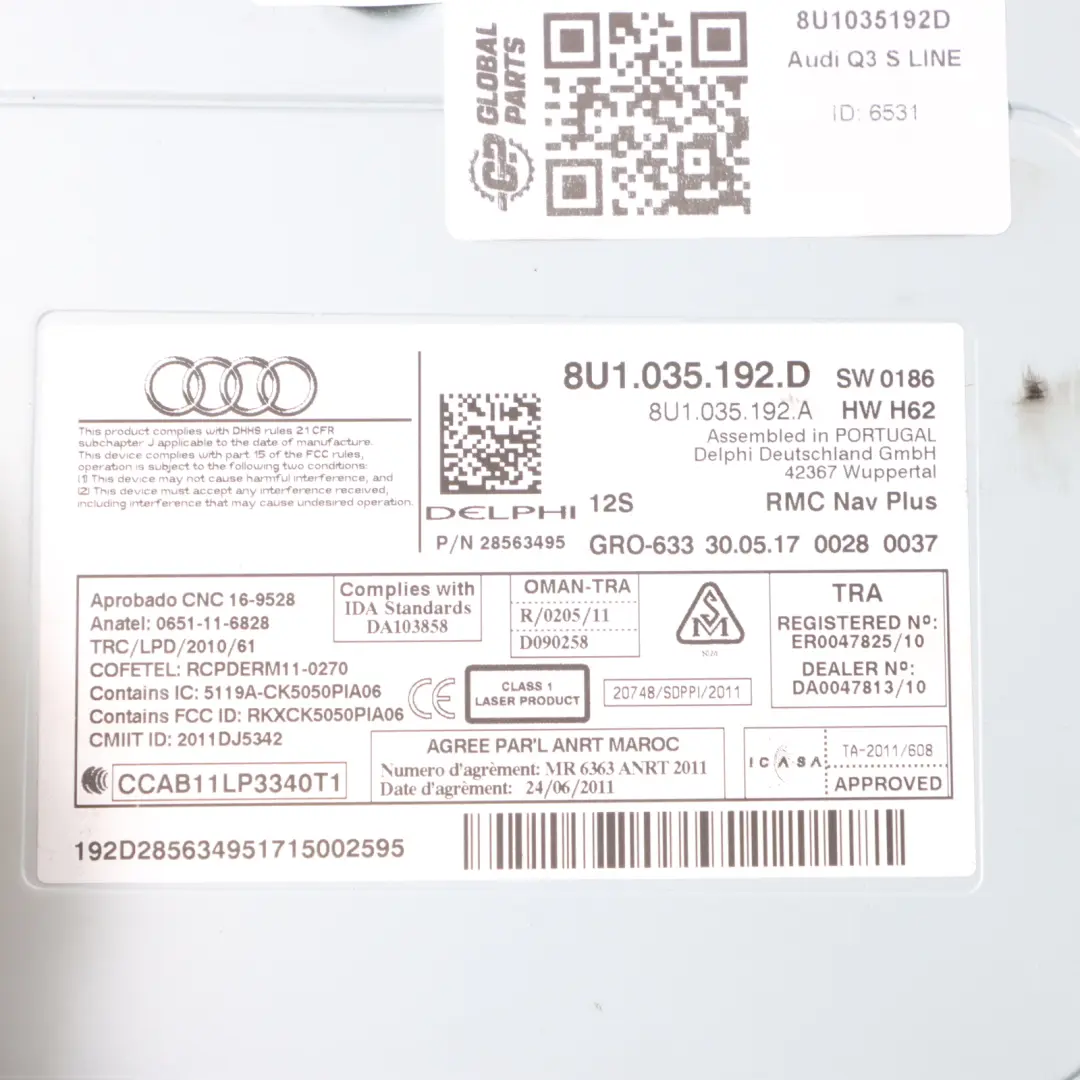 RMC Panel de Control Multimedia Radio Sat Nav SD Card Audi Q3 8U - SKU 8U1035192D - Número de pieza 8U1035192D