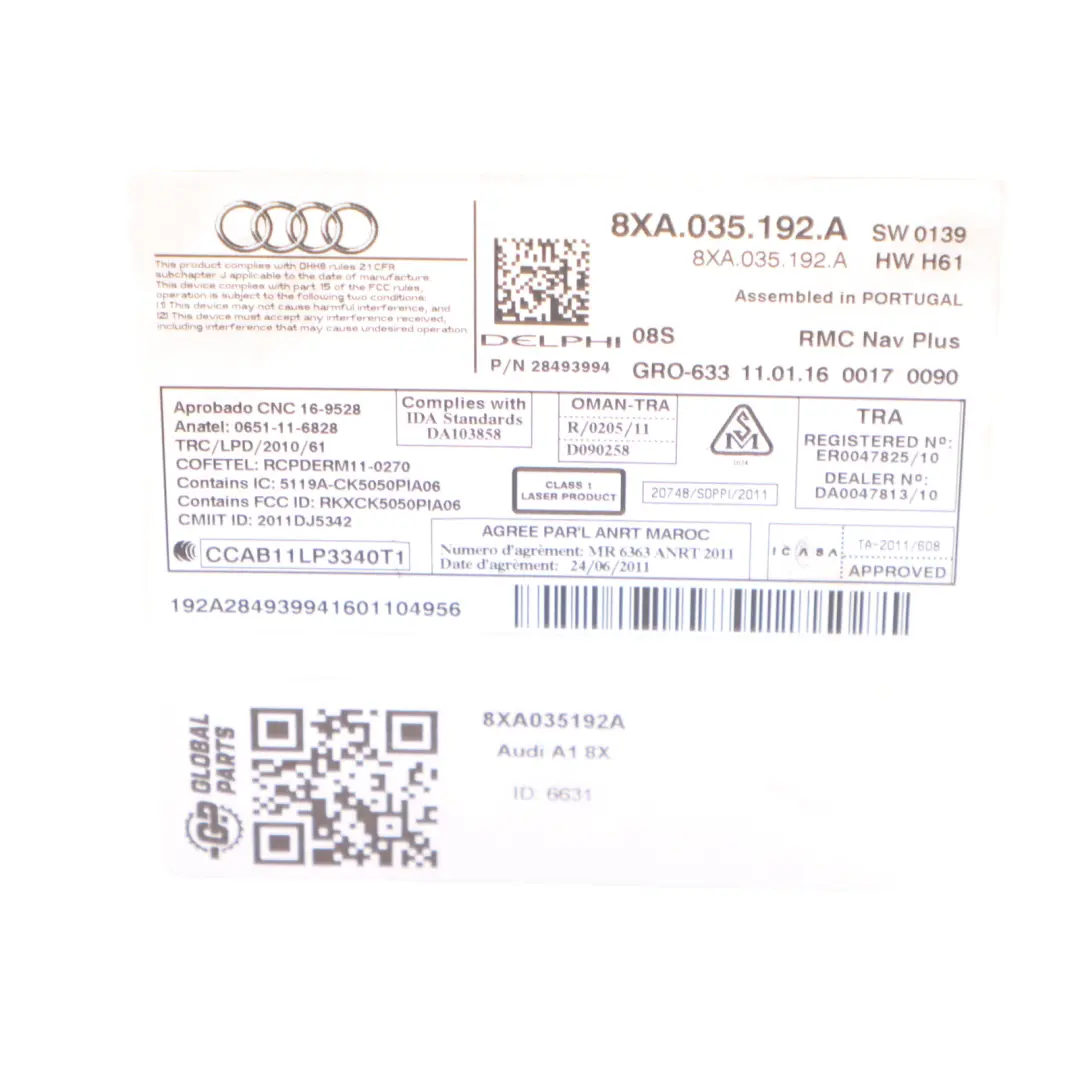Sat Navi Radio Estéreo Audio MMI Principal Reproductor CD Audi A1 8X - SKU 8XA035192A - Número de pieza 8XA035192A