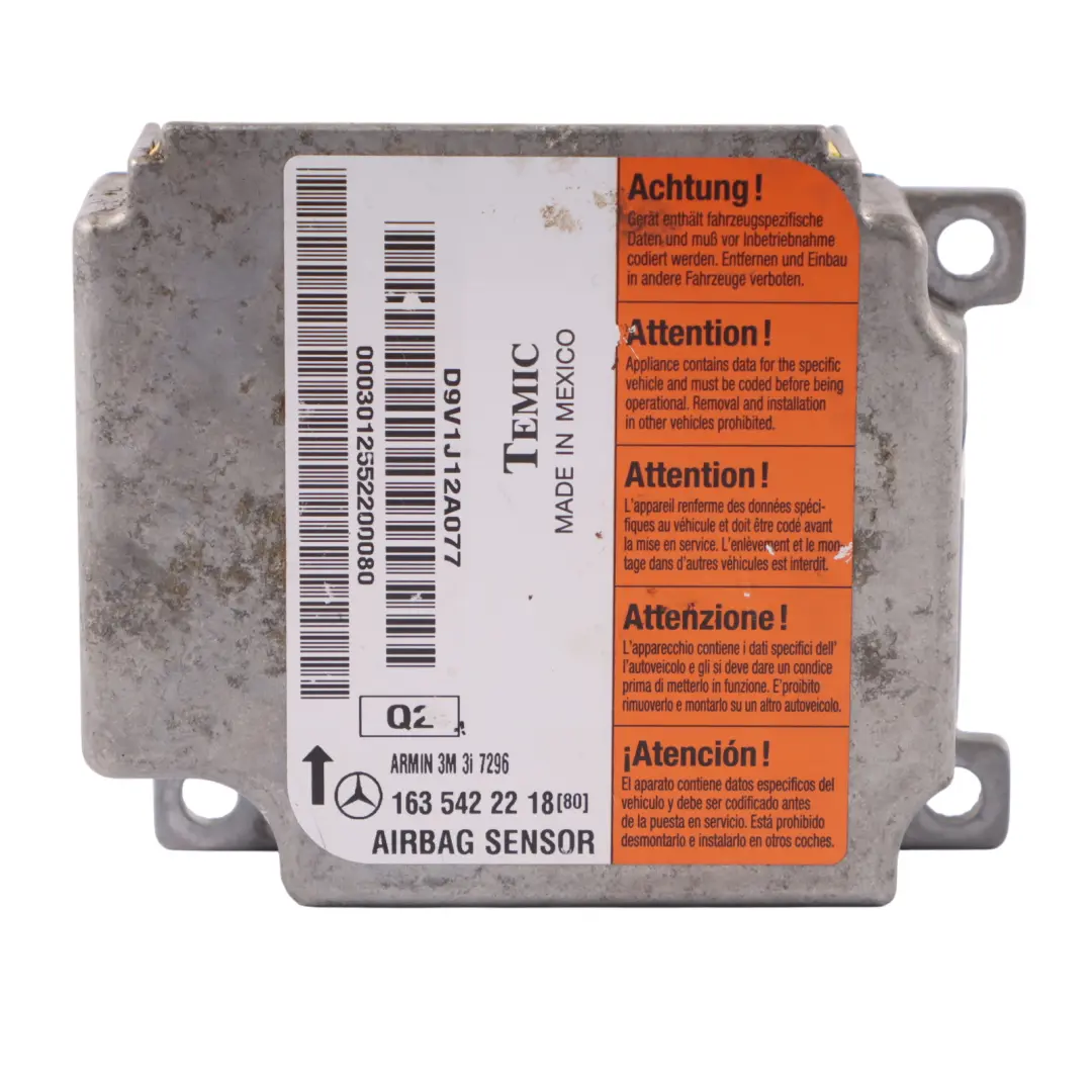 SRS Modulo di controllo Unità sensore Temic per Mercedes ML W163 con numero di parte A1635422218 Mercedes ML W163 SRS Modulo di controllo Unità sensore Temic - SKU A1635422218 - Numero di parte A1635422218